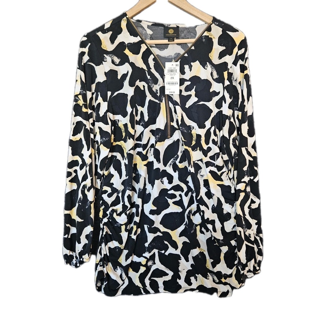 NWT Women's Plus Size 2X White, Black & Yellow Print Zip-Front Top JM Collection